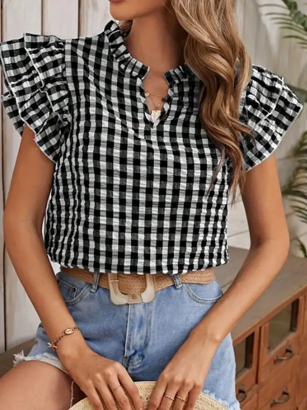 Gingham Ruffle Neck Blouse