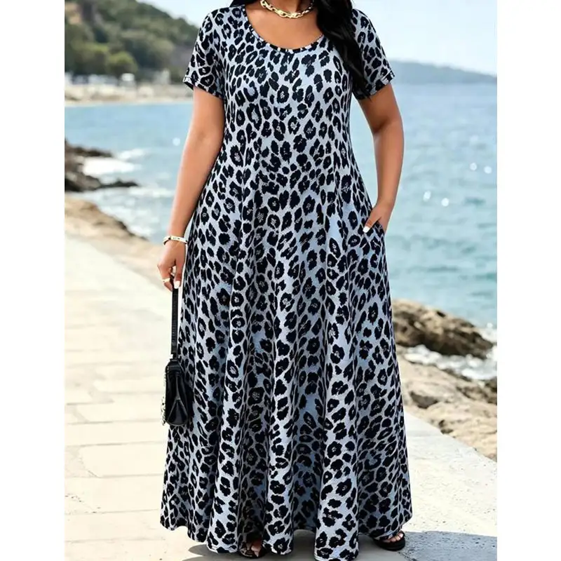 Summer Hot Sale 50% Off! Women's Leopard Print Maxi Dress with Pockets Casual Short Sleeve Long Dress