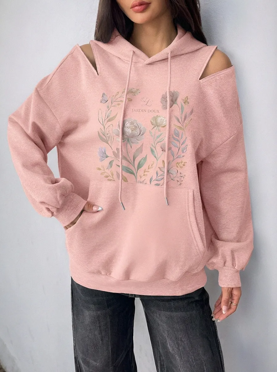 Women's Floral Jardin Doux Cold Shoulder Printed Hoodie