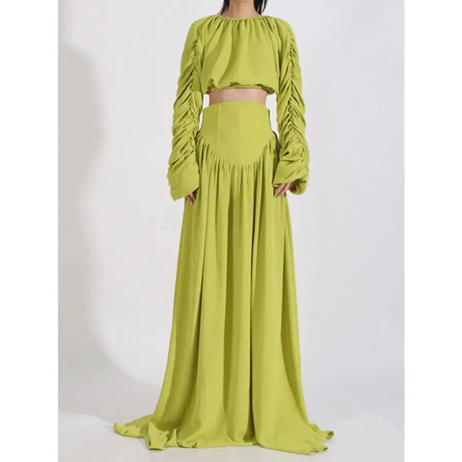 Modern Ruched Long Sleeve Top And High Waist Skirt