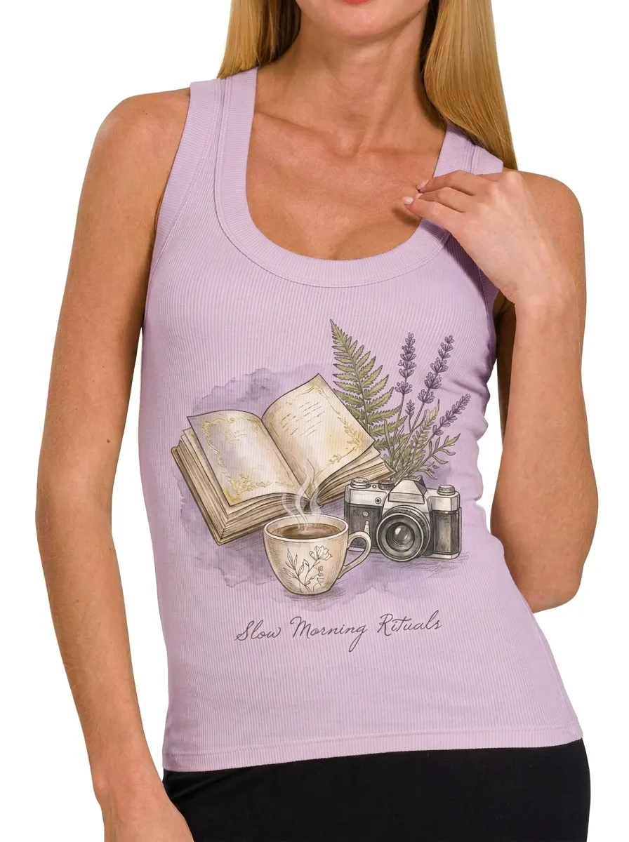 Women's Book Coffee Camera Fern Printed Ribbed Tank Top