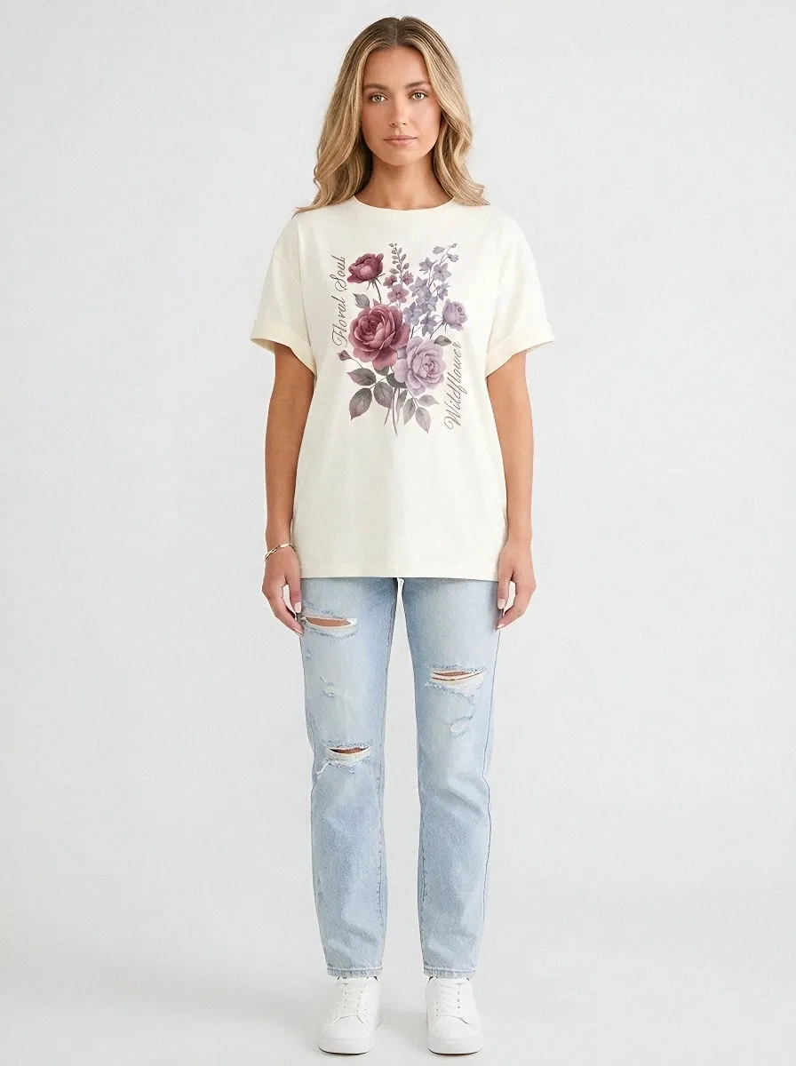 Women's Wildflower Soul Mandala Watercolor Printed V-neck T-shirt