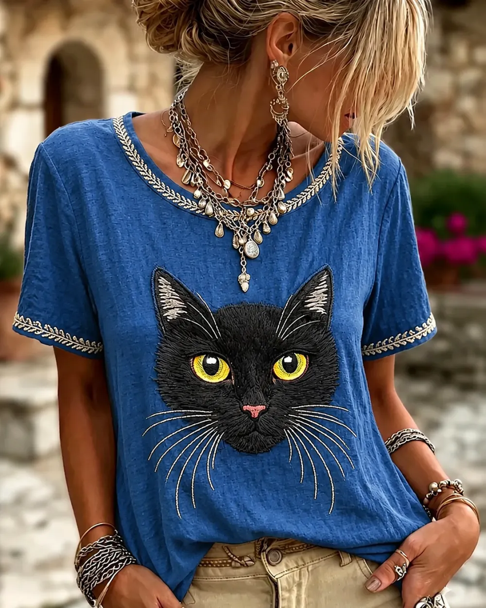 Women's Vintage Black Cat Face Art Linen Round Neck Short Sleeves Top