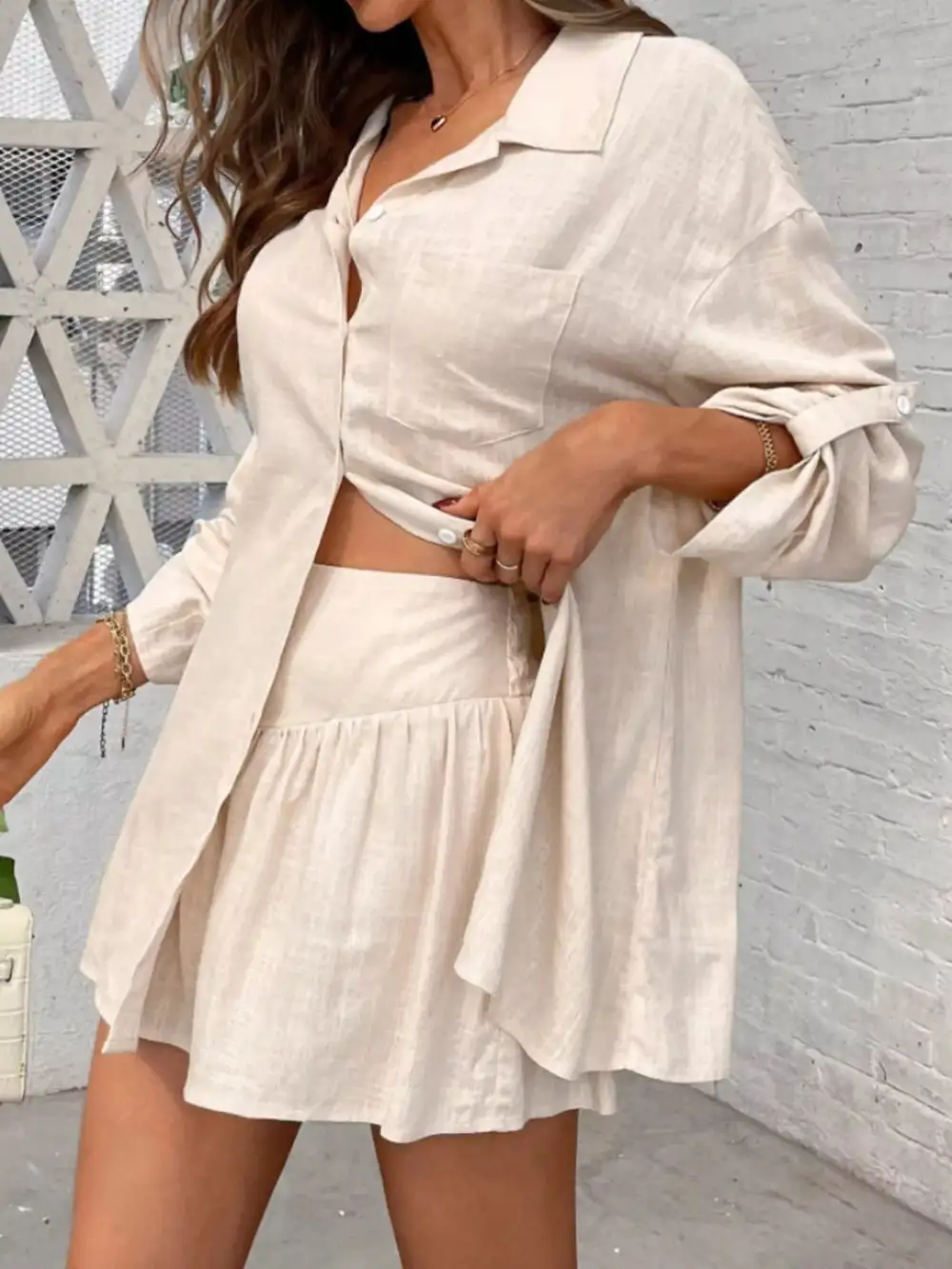 Button Up Roll Up Sleeve Shirt Shorts Set