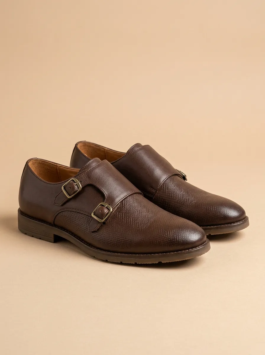 Men's Business Casual Herringbone Textured Double Monk Strap Leather Shoes