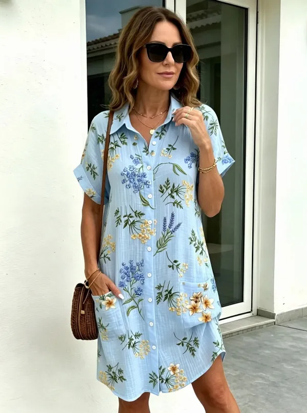 Women's Summer Vacation Floral Botanical Printed Shirt Dress