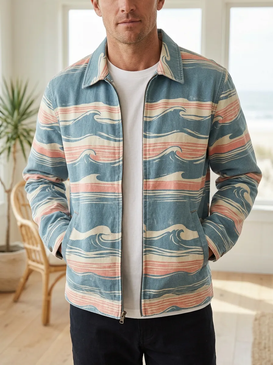 Men's Beach Lover Ocean Wave Printed Jacket