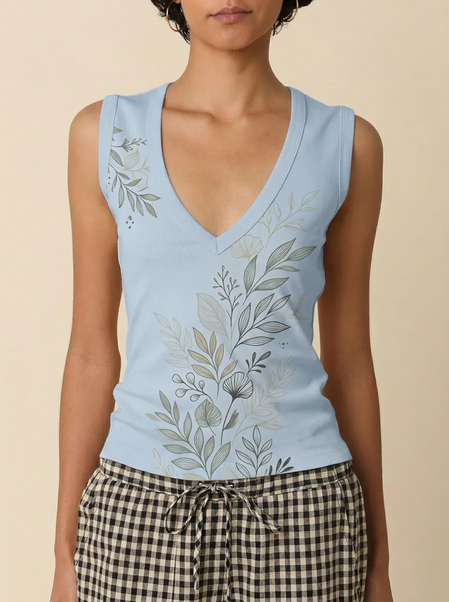 Women's Botanical Nature Lover Floral Printed V-neck Tank Top