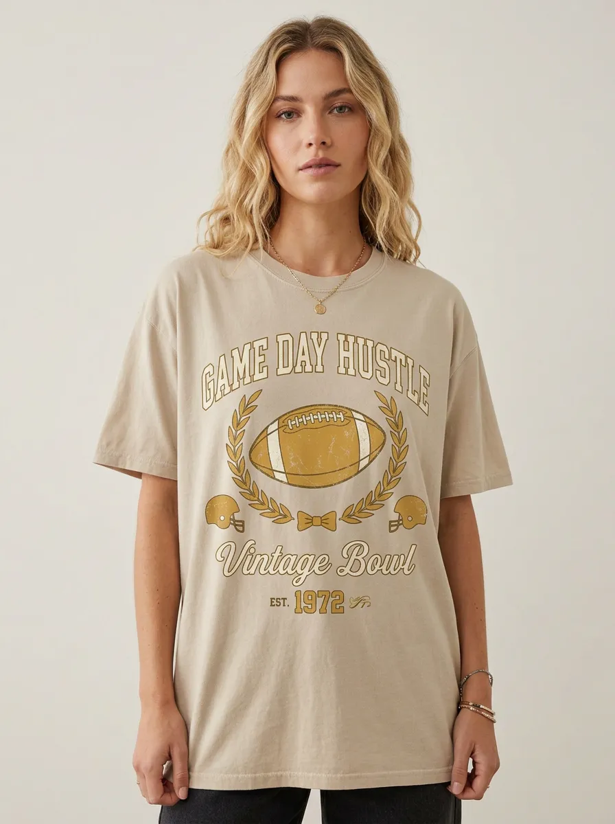 Women's Football Lover Game Day Hustle Vintage Bowl Printed T-Shirt