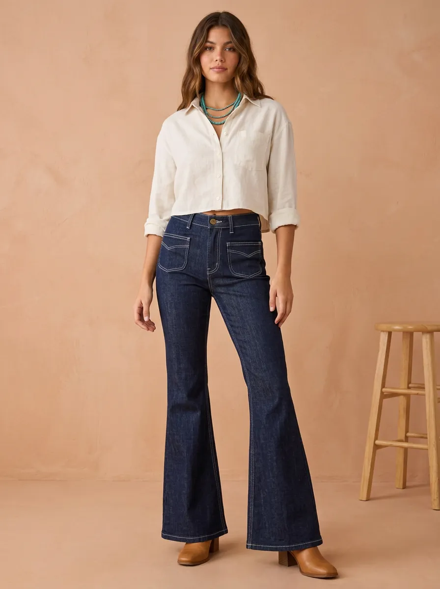 Women's Vintage Style High-Waisted Contrast Stitch Flare Jeans