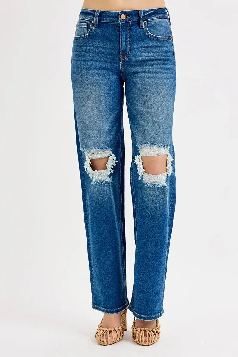 Full Size Mid Waist Fit Boyfriend Knee Distressed Jeans Plus Size