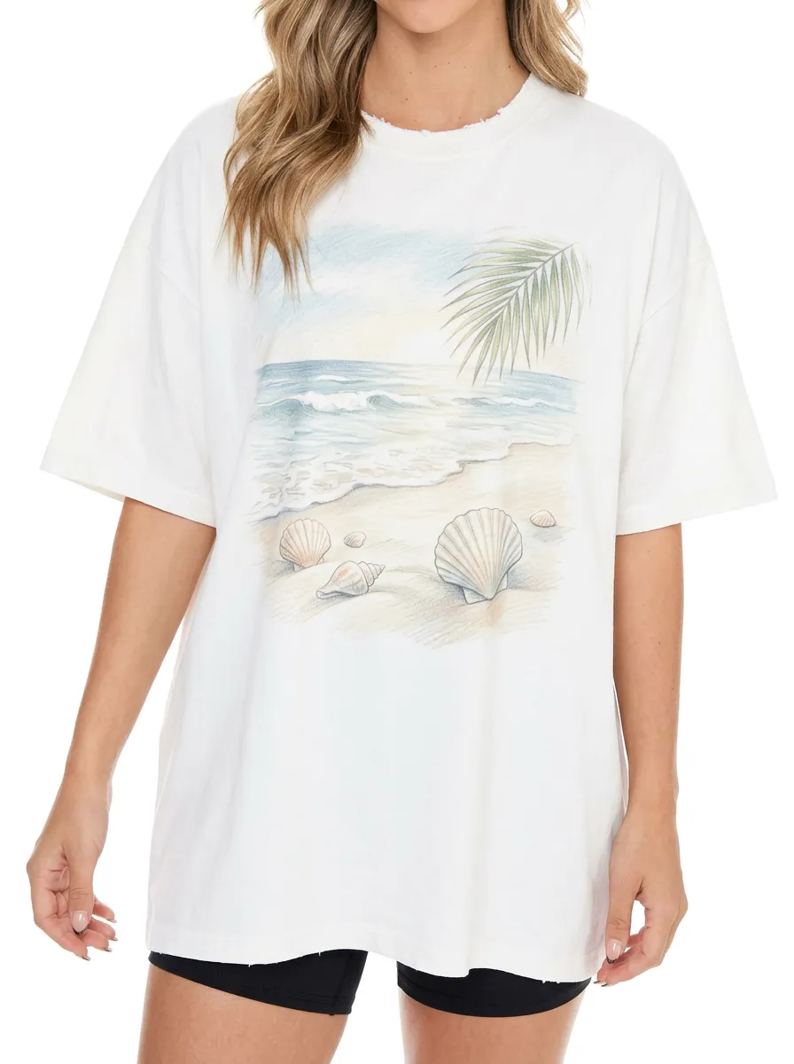 Women's Beach Lover Tropical Seashell Printed T-shirt