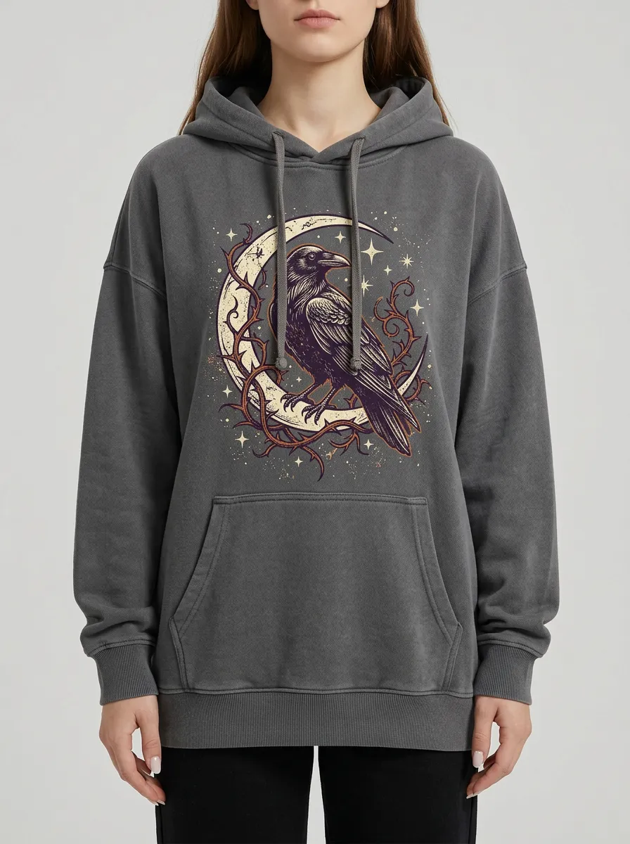 Women's Halloween Gothic Raven Moon Thorn Printed Hoodie