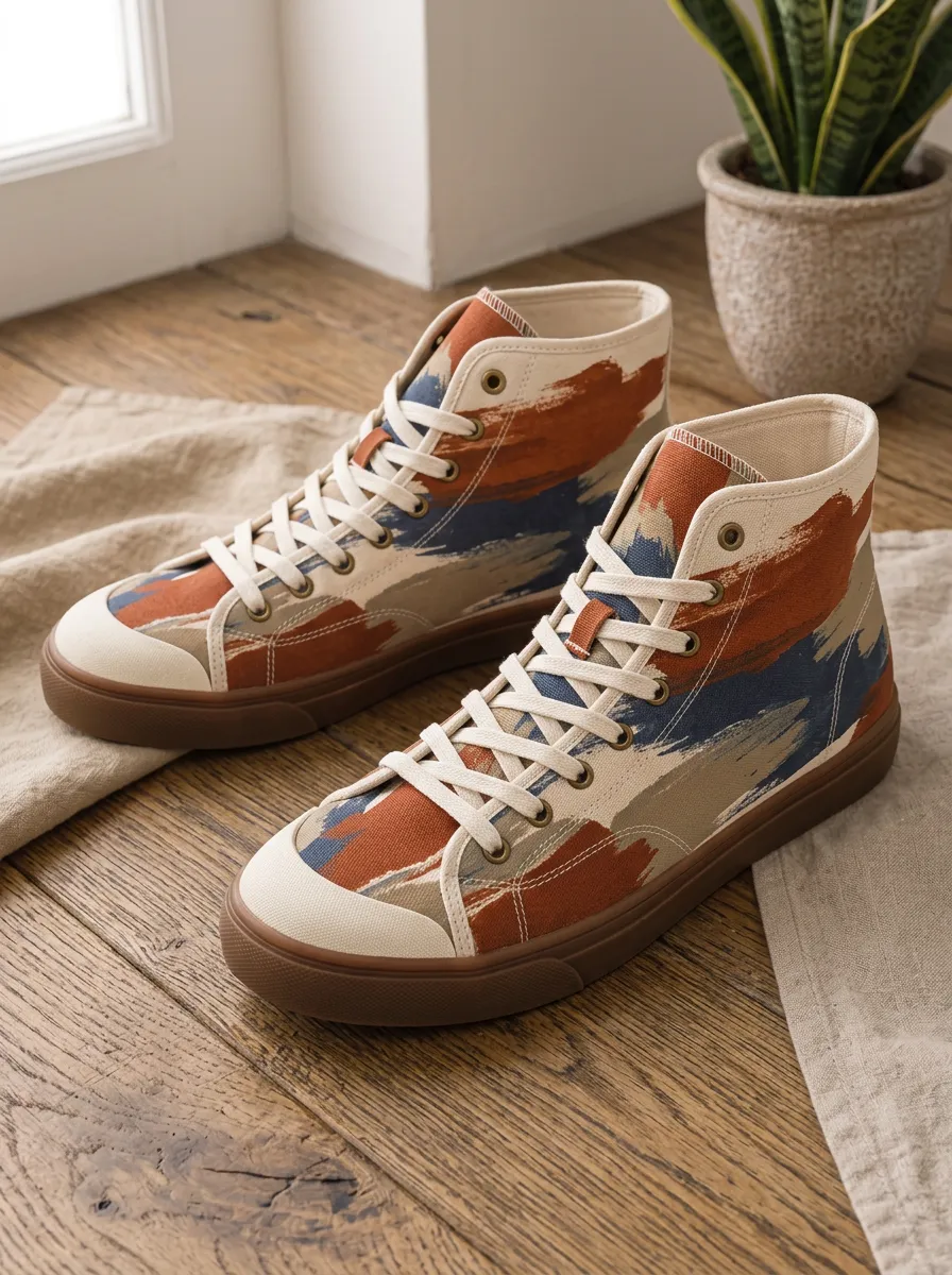 Men's Abstract Brushstroke Printed Canvas High Top Shoes