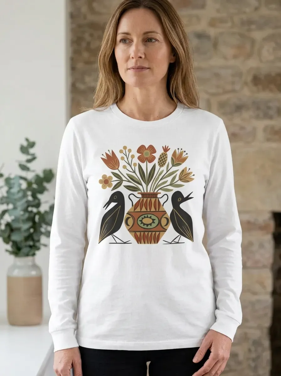 Women's Folk Art Bird and Flower Vase Printed Long Sleeve Top