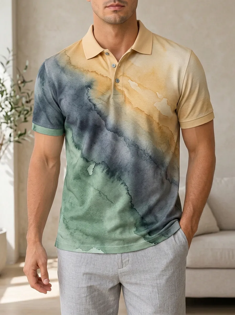 Men's Abstract Watercolor Gradient Printed Polo Shirt Weekend Casual Style