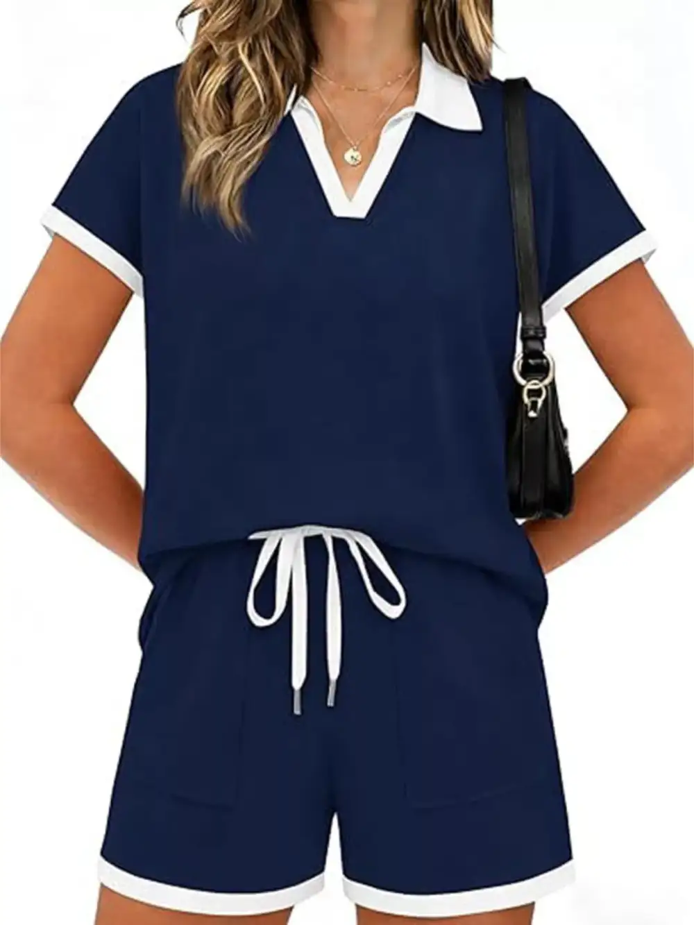 Polo Collar Short Sleeve Top Shorts Set