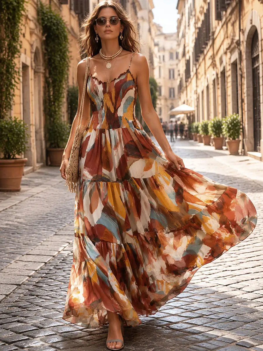 Boho Abstract Multicolor Smocked Bodice Maxi Dress