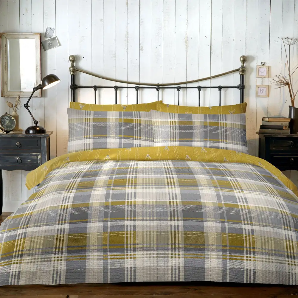 Refined Bedroom Reversible Check Brushed Cotton Duvet Cover Set