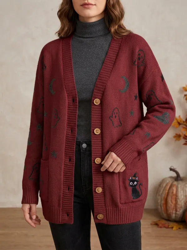 Women's Ghost Cat Moon Star Halloween Knit Cardigan