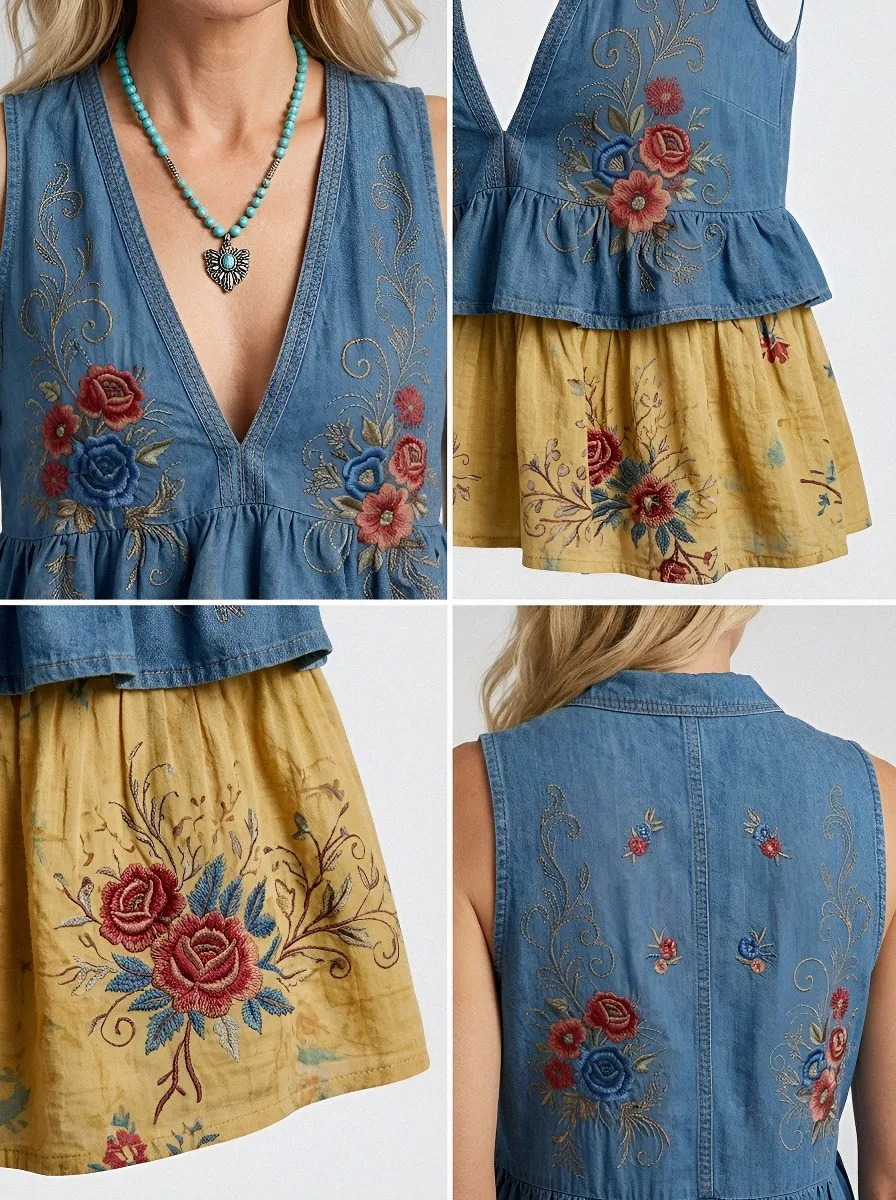 Women's Boho Floral Embroidered Ruffle Printed Short Sleeve Top