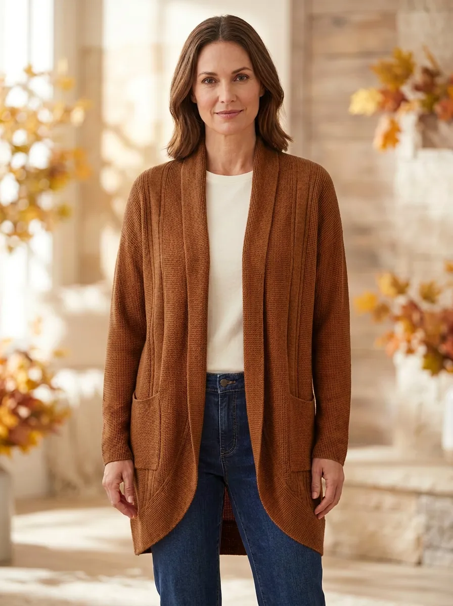 Textured Waffle-Knit Open-Front Knit Cardigan