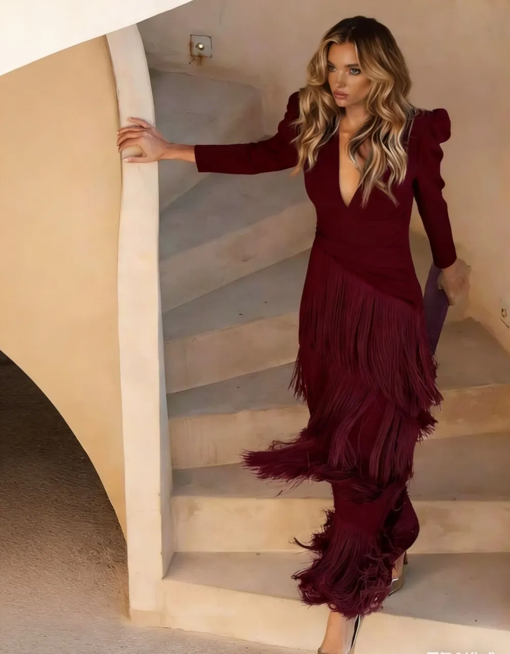 Sophia Deep V Fringe Fitted Maxi Dress