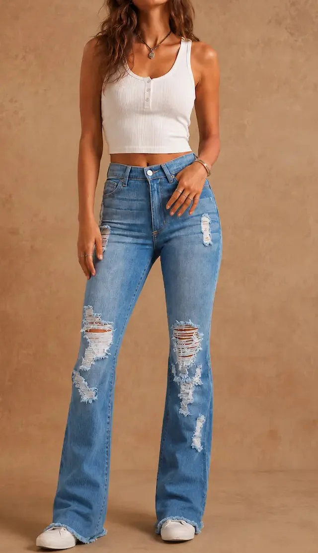 Bootcut High Rise Distressed Denim Jeans