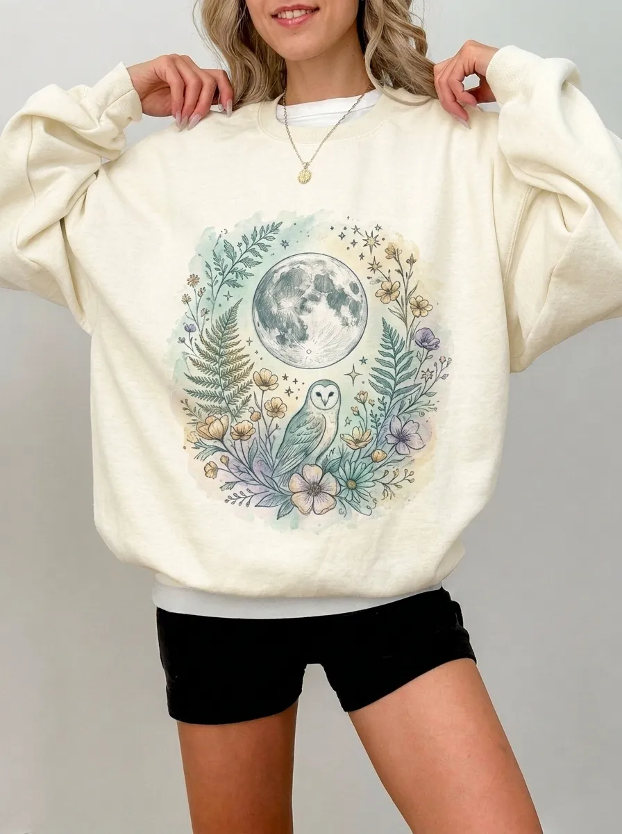 Women's Celestial Nature Lover Moon Owl Floral Printed Sweatshirt