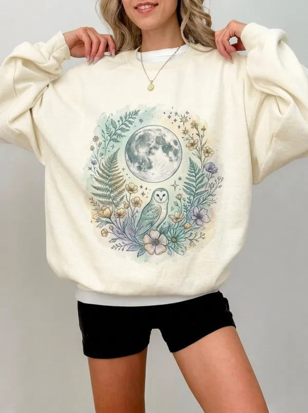 Women's Celestial Nature Lover Moon Owl Floral Printed Sweatshirt