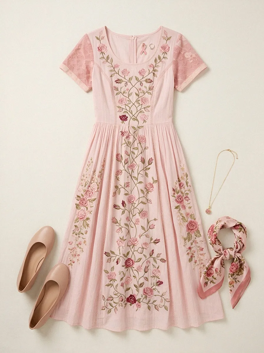 Women's Breast Cancer Awareness Rose Floral Embroidered Printed Dress