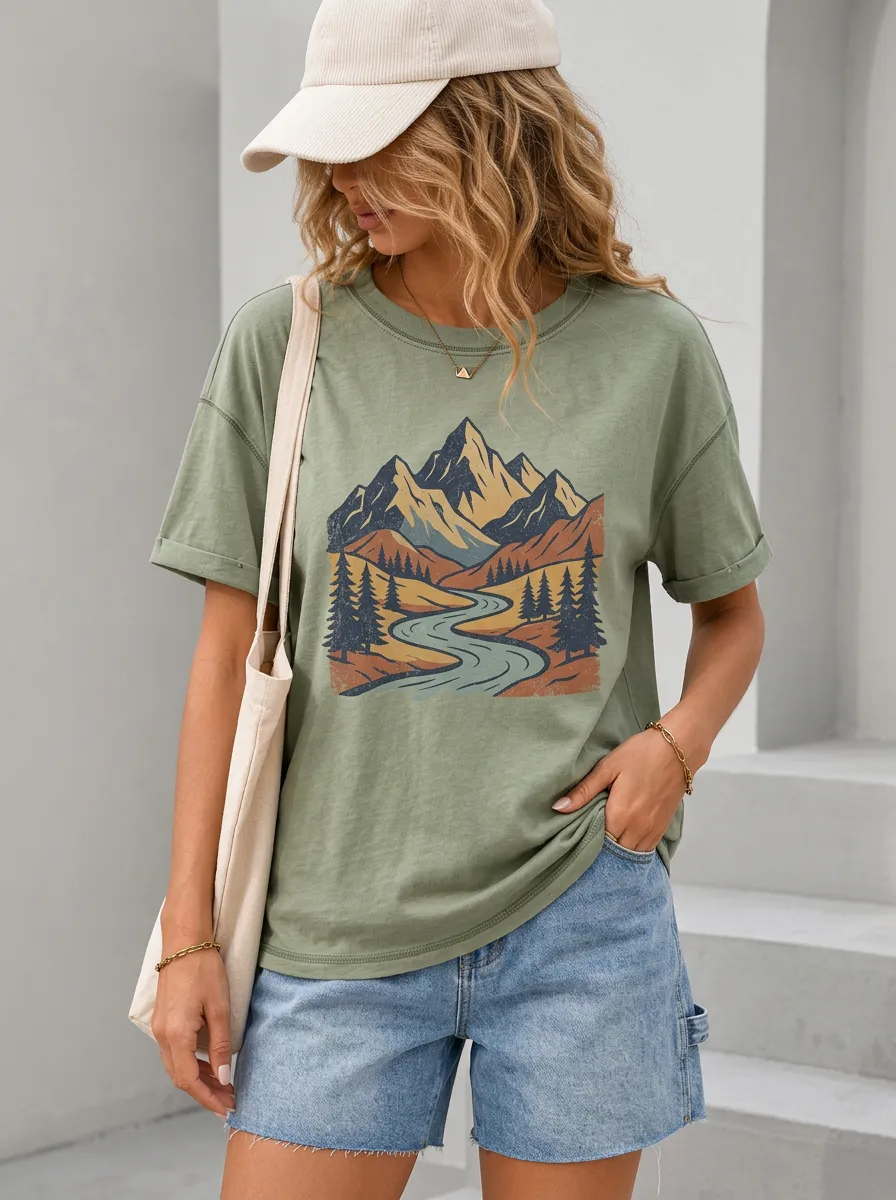 Women's Mountain River Forest Printed T-Shirt