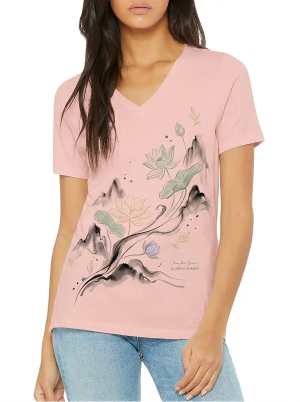 Women's Zen Lotus Flower Ink Wash Mountain Printed V-neck T-shirt