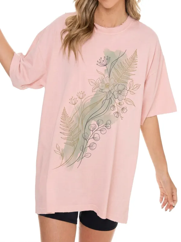 Women's Botanical Nature Lover Fern Flower Printed T-shirt