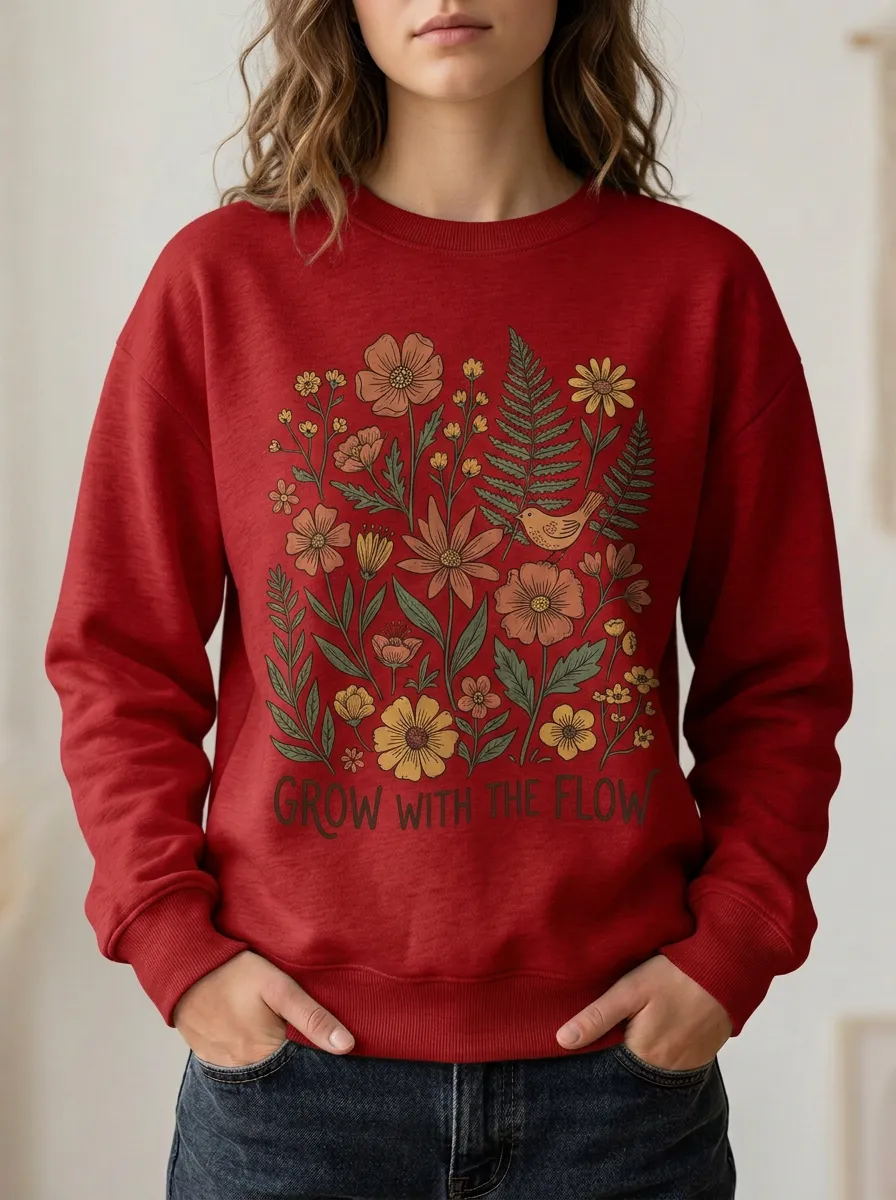 Women's Nature Lover Grow With The Flow Floral Bird Printed Sweatshirt