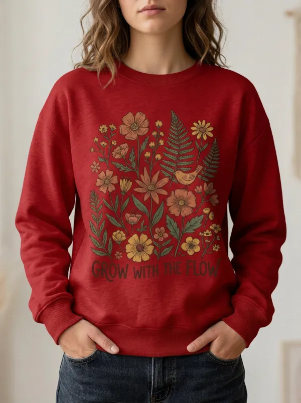 Women's Nature Lover Grow With The Flow Floral Bird Printed Sweatshirt