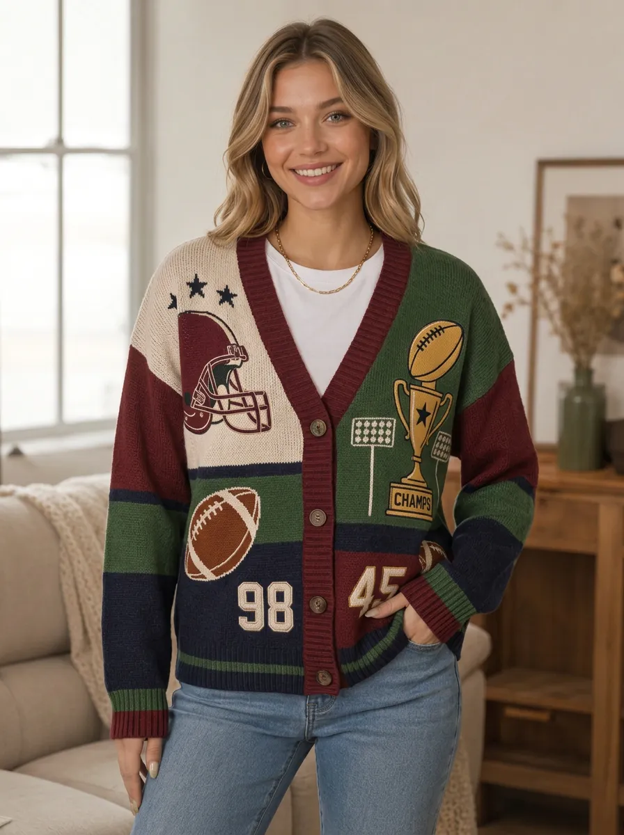 Women's Energetic Gridiron Helmet Trophy Ball Knit Cardigan