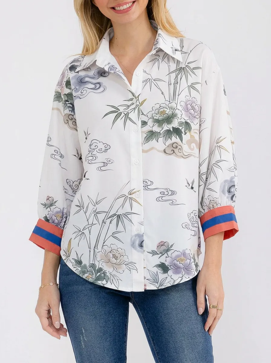 Women's Oriental Floral Bamboo Cloud Printed Button-up Shirt