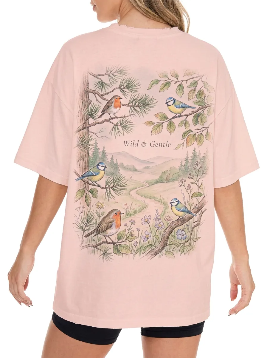 Women's Nature Lover Wild Bird Forest Printed T-shirt