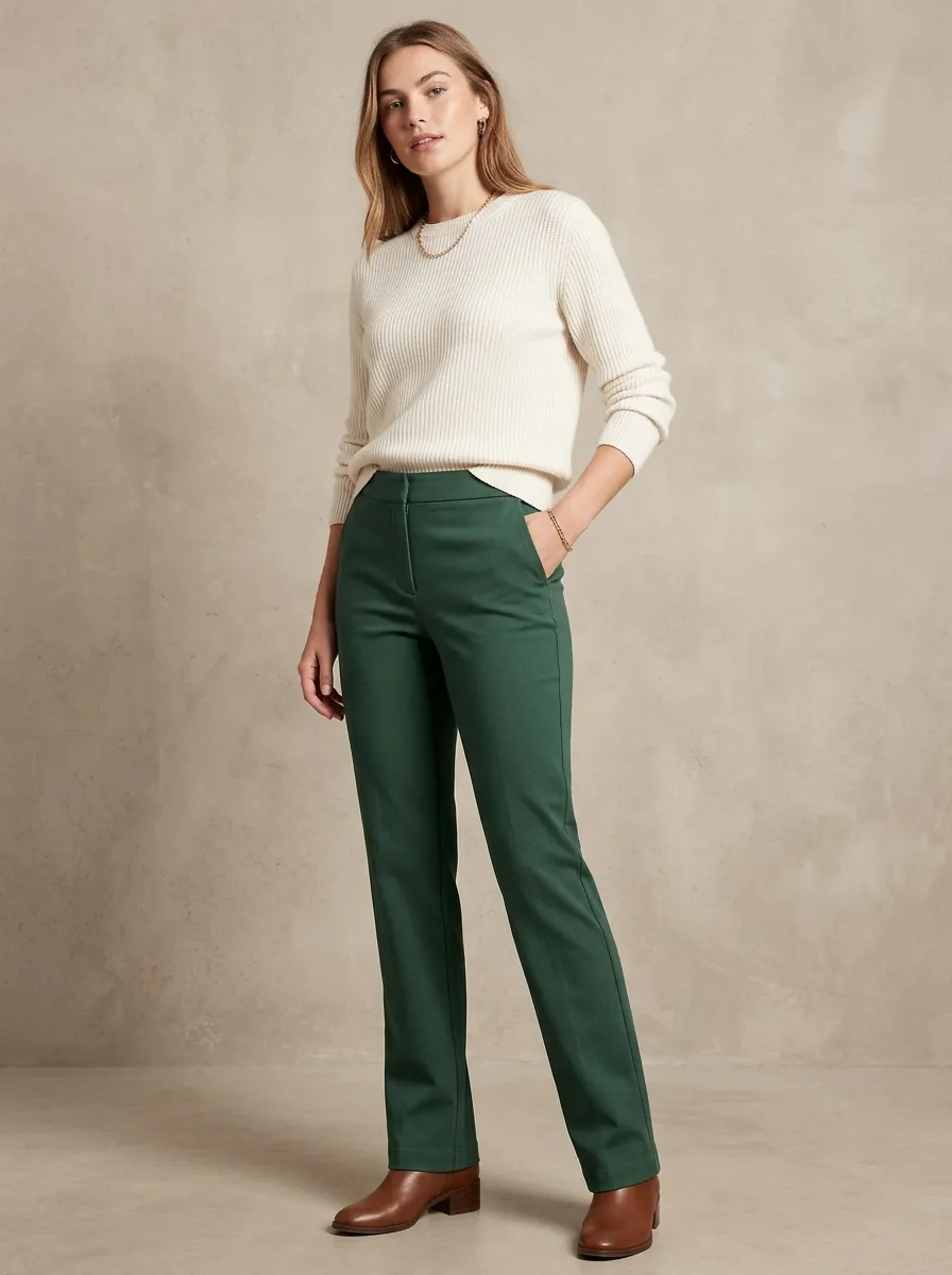 Women's Casual Office Forest Green Solid Color Trousers