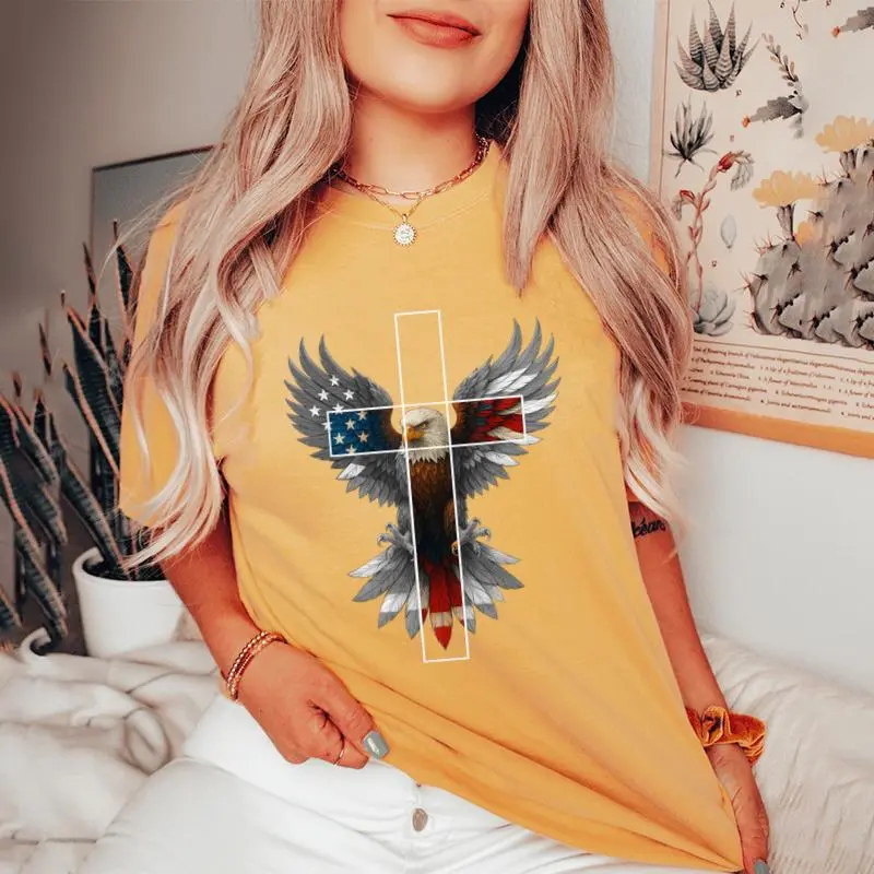 American Flag Eagle Cross Christian 4Th Of July Patriotic Women's Oversized Comfort T-Shirt