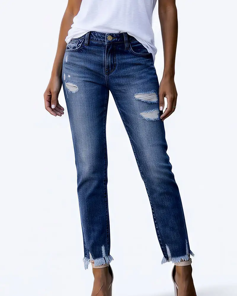 Distressed Cropped Raw-Hem Straight Jeans