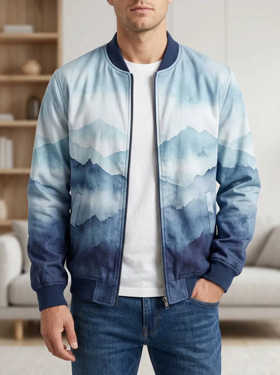 Men's Nature Mountain Watercolor Rugged Adventure Bomber Jacket