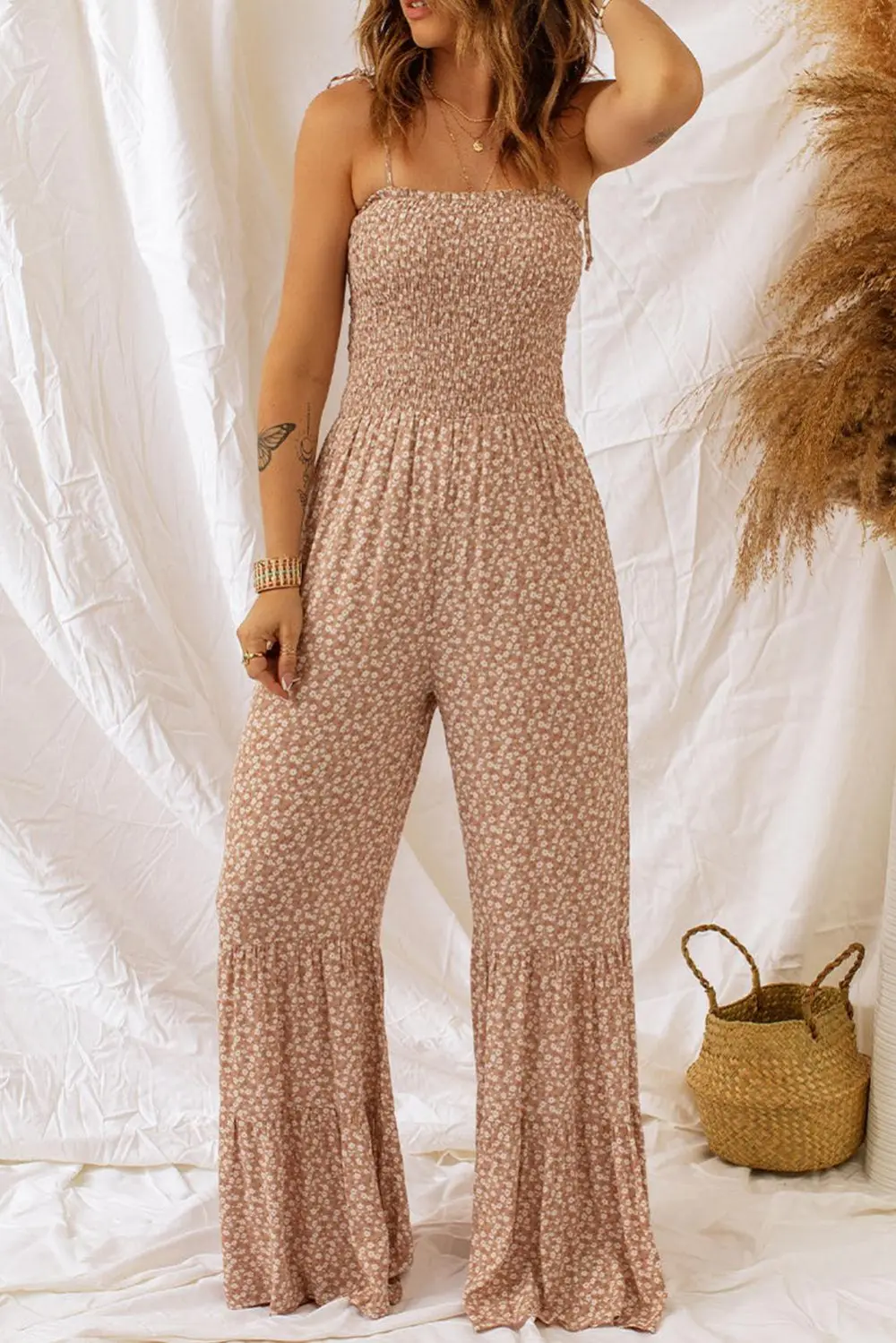 Floral Spaghetti Strap Smocked Wide Leg Accessory
