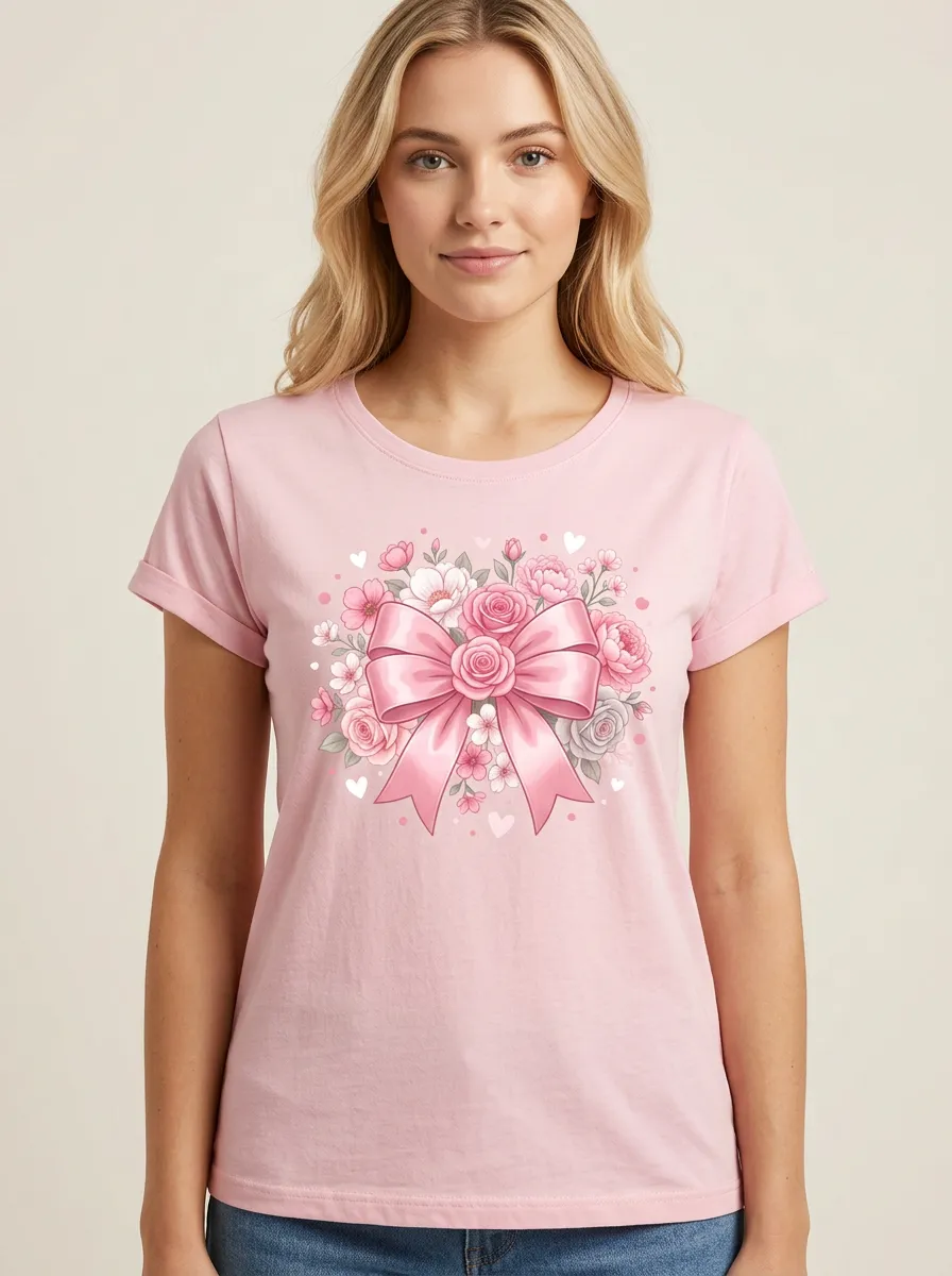 Women's Breast Cancer Awareness Pink Bow Floral Printed T-shirt