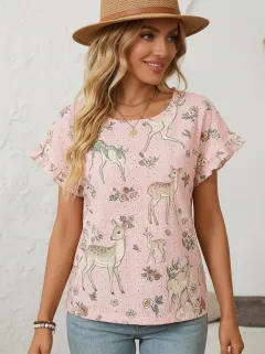 Deer Floral Women's Loose Printed T-Shirt