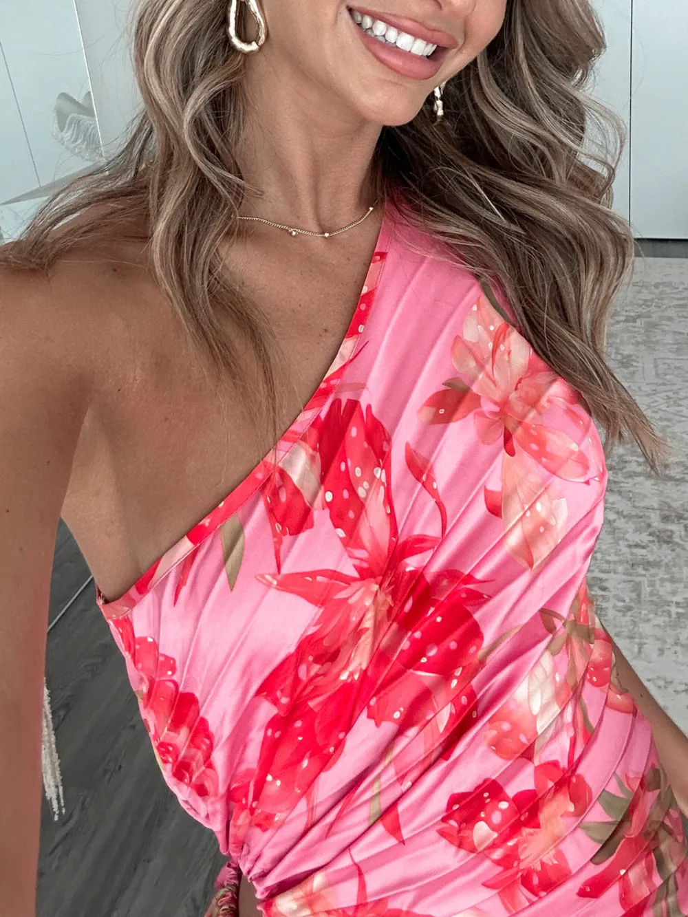 Casual Style  One Shoulder Pink Floral Dress