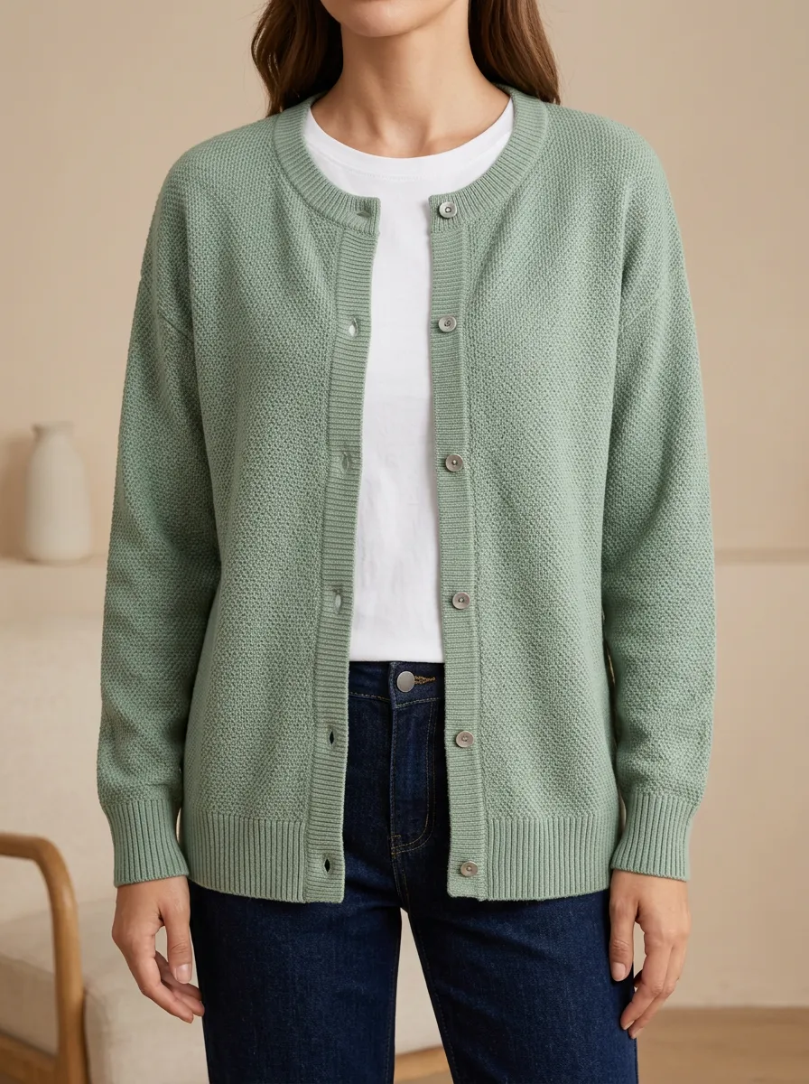Women's Everyday Layered Ribbed Knit Button Front Crew Neck Cardigan