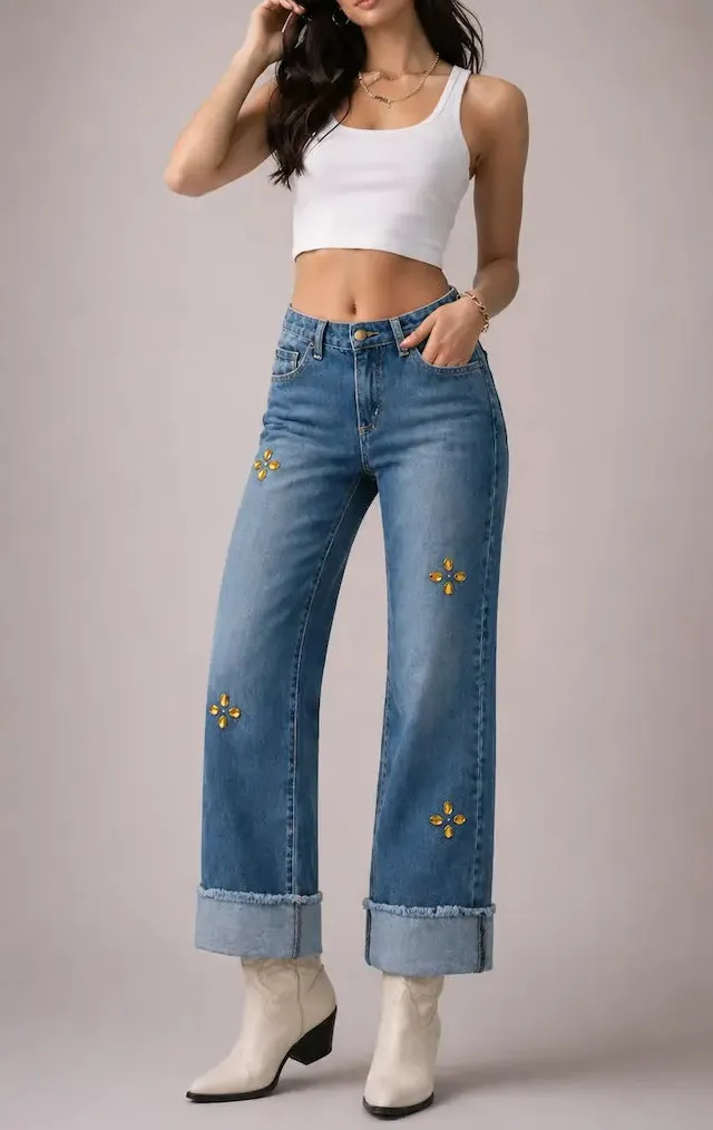 Low Rise Rhinestone Detail Studded Detail Wide Leg Western Style Denim Jeans
