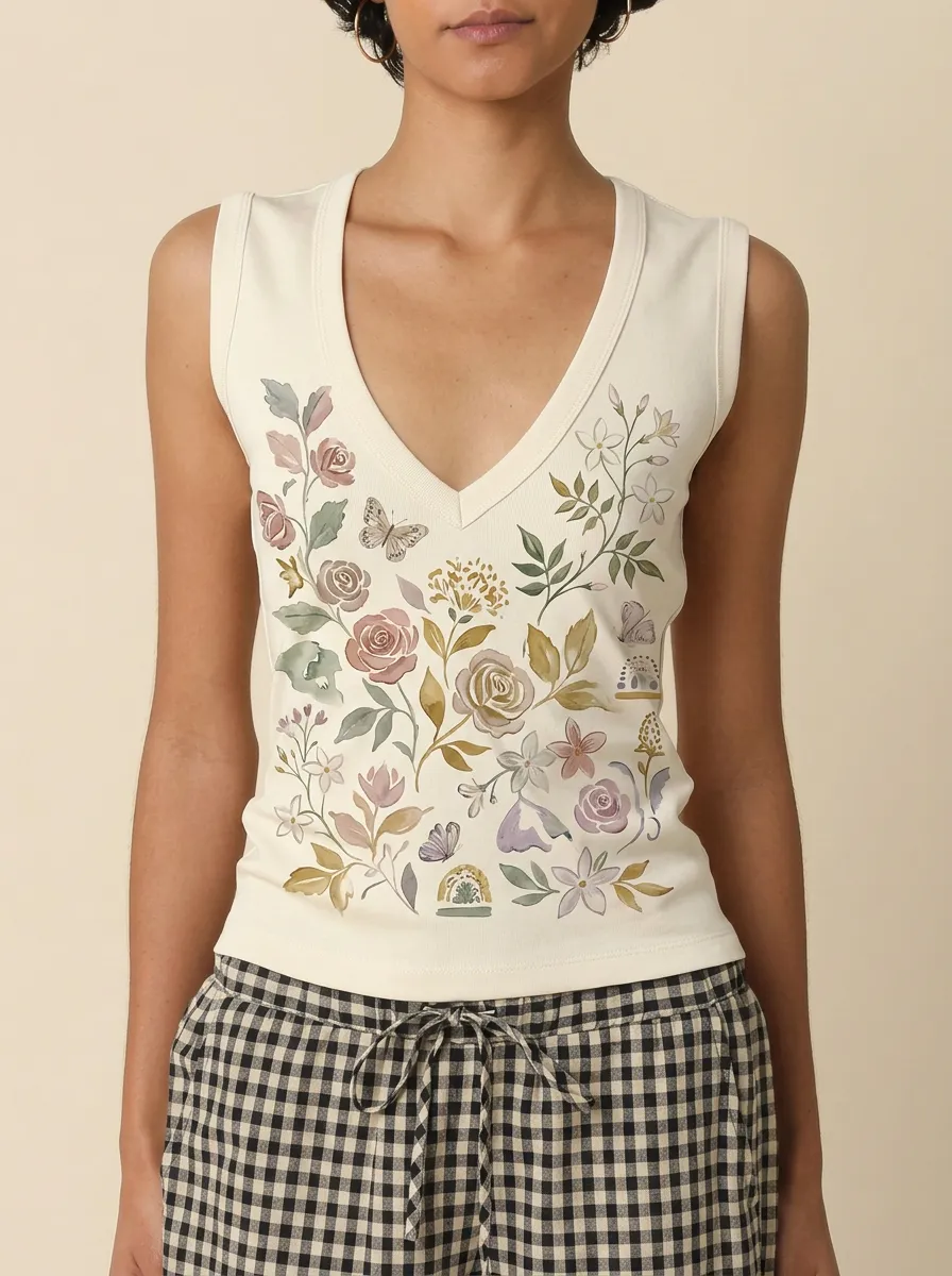 Women's Floral Nature Lover Butterfly Watercolor Printed Tank Top
